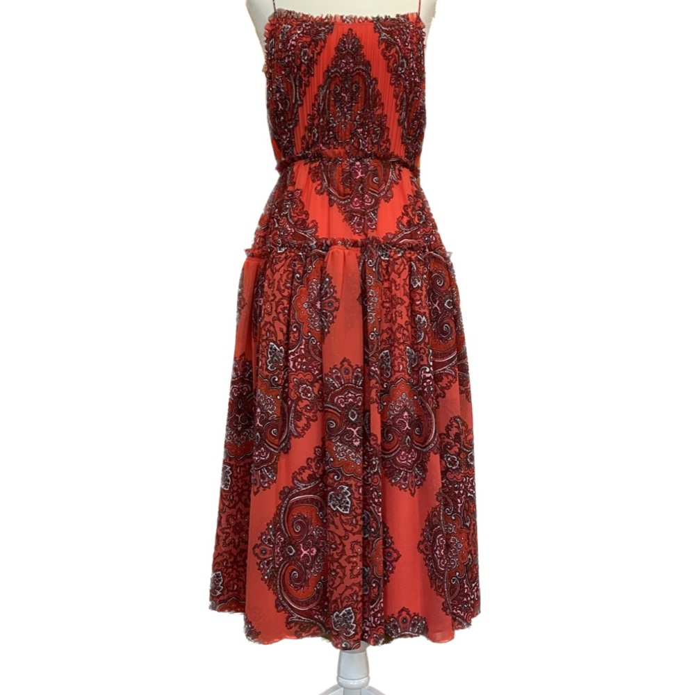 Banana Republic NWT Fire Coral Paisley Strappy Tiered Midi Dress - Size “2” - Picture 3 of 6